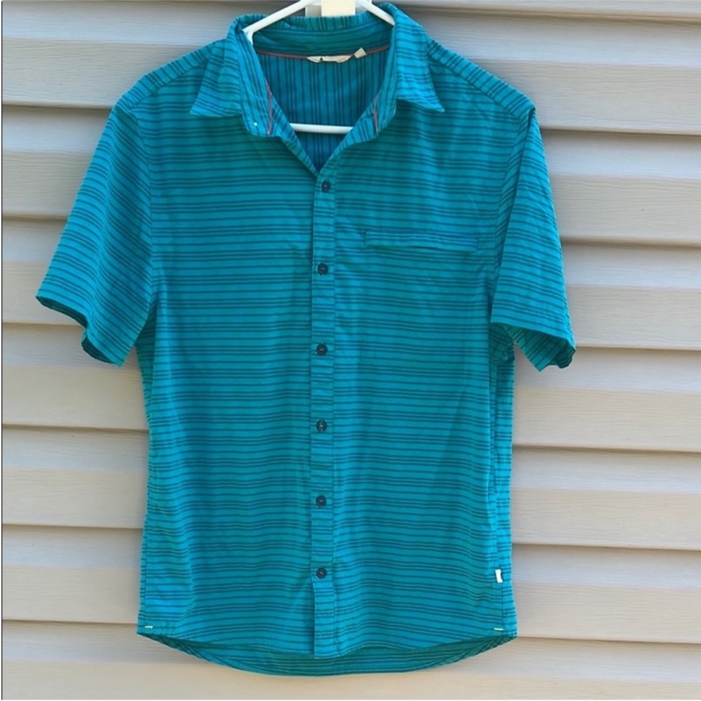 Cotopaxi Cambio Button Up Short Sleeve Shirt Mineral Stripe Blue size Small